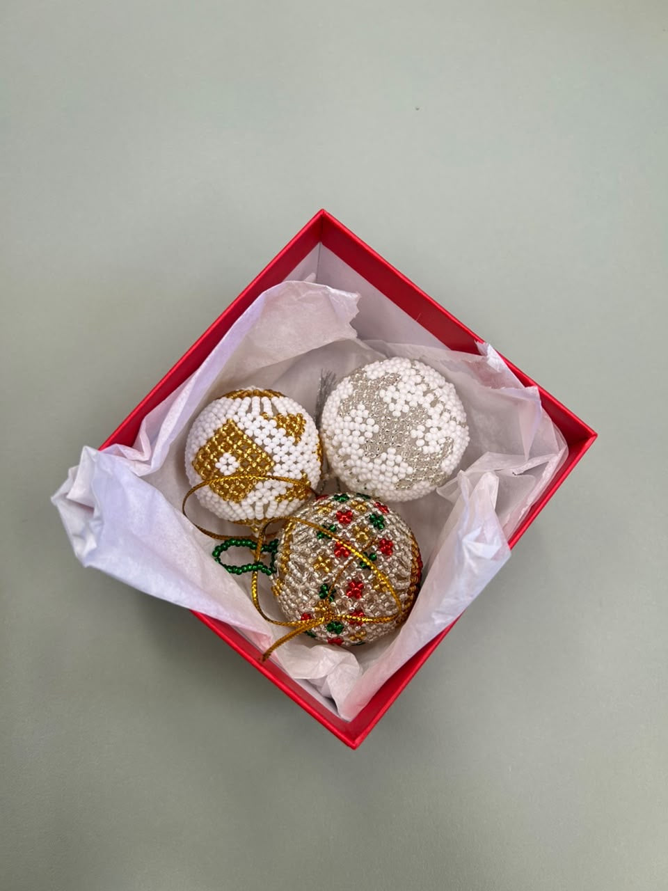 Handmade beaded Christmas baubles box of 3 in red gift box